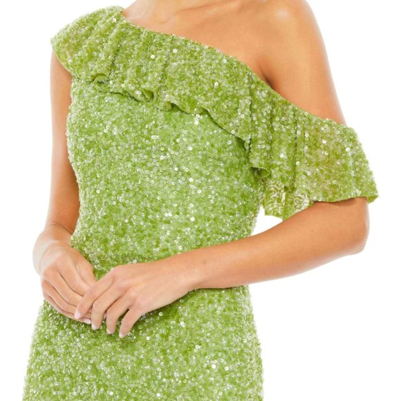 MAC DUGGAL SEQUIN DROP SHOULDER KEY LIME TRUMPET GOWN sz 14 - Picture 3 of 6